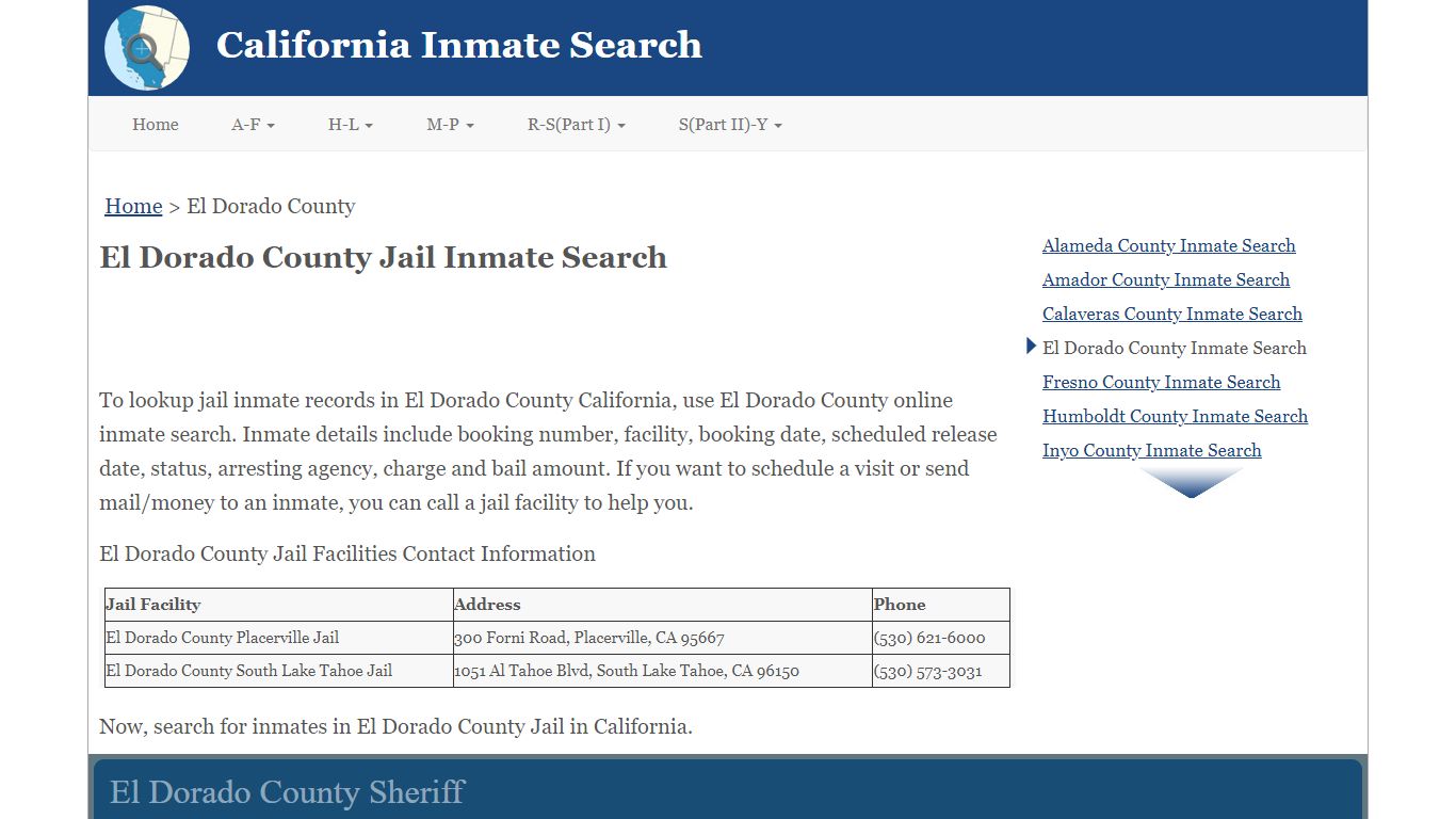 El Dorado County Jail Inmate Search